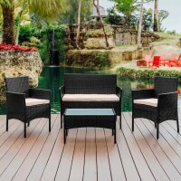 Hearth & Harbor 4-Piece Black Patio Outdoor Furniture Wicker Conversation Set with Beige Cushions, 1 Loveseat, 2 Chairs and Coffee Table, New in Box $499