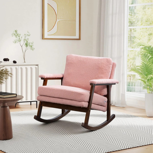 Harriet Bee Mid Century Modern Upholstered Rocking Chair With Rubberwood Legs, Pink Boucle in Box $299