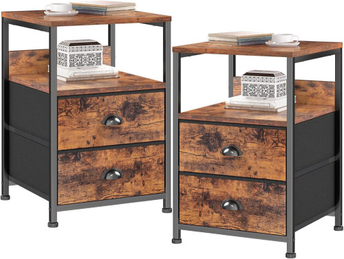 Furologee Set of 2 Nightstand, End Table with 2 Fabric Drawers and Shelf, Industrial Side Sofa Table, Bedside Table Furniture Metal Frame for Living Room/Bedroom/Hallway, Rustic Brown New Open Box $299