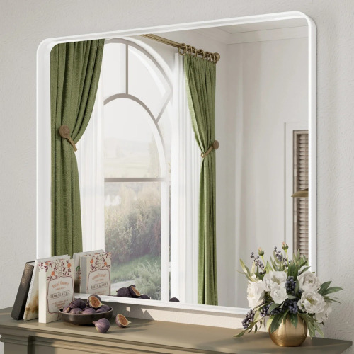 Orren Ellis Aevar 40" x 36" Tempered Glass and Aluminum Alloy Framed French Cleat Mounted Wall Mirror, Matte White, New in Box $299
