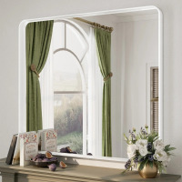 Orren Ellis Aevar 40" x 36" Tempered Glass and Aluminum Alloy Framed French Cleat Mounted Wall Mirror, Matte White, New in Box $299