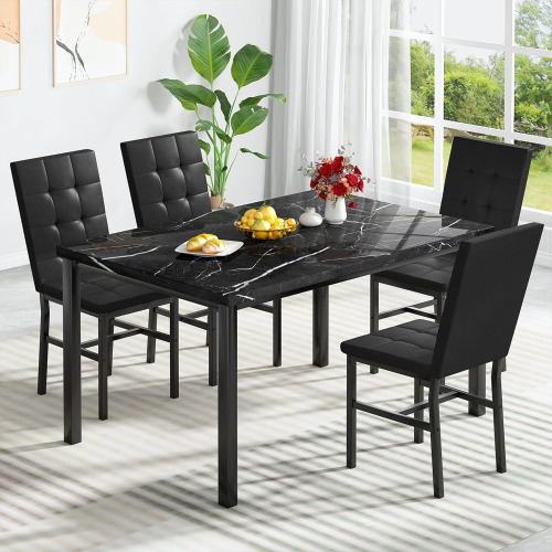 AWQM Products 5-Piece Marble Dining Set, Modern Kitchen Table and Chairs for Dining Room, Dinette, Compact Space Saving Furniture, 4 Upholstered PU Chairs - Black New In Box $399