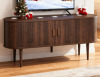 Easoger 58" TV Stand with Curved Profile Sliding Doors, Entertainment Center Fits TVs up to 65'', Faux Marble Top, Spacious Console Table with Adjustable Shelves for Living Room, Bedroom, Brown $299