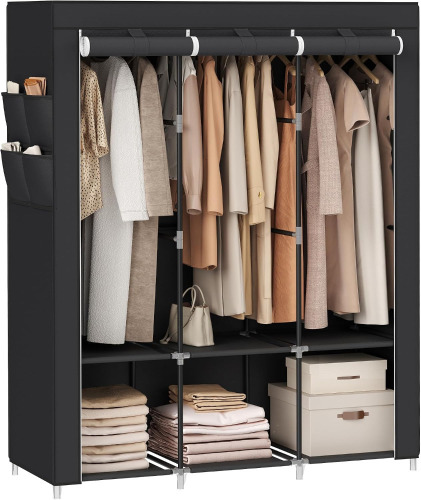 SONGMICS Portable Closet with Cover, 3 Hanging Rods and Shelves | Wardrobe Closet Organizer, 4 Side Pockets, 17.7 x 51.2 x 65.7 Inches, Ink Black New In Box $199