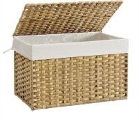 SONGMICS Storage Basket with Lid, Woven Blanket Storage Bin with Handles, Foldable, Removable Liner, Metal Frame, for Bedroom, Laundry Room, 27.7 Gallons (105 L), Natural $79