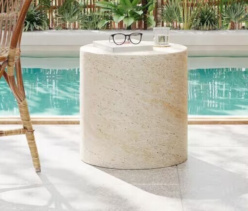 CHRISTOPHER KNIGHT HOME Zayden Outdoor Patio Round Accent Table, Concrete, Beige Travertine New In Box $299
