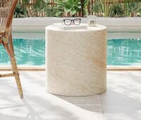 CHRISTOPHER KNIGHT HOME Zayden Outdoor Patio Round Accent Table, Concrete, Beige Travertine New In Box $299