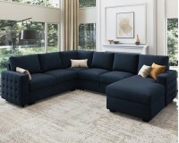 Latitude Run Chasidi U-Shaped Sectional Sofa Bed Pull Out Sleeper Couch With Storage Chaise in Blue Velvet $1999 (See our Picture)