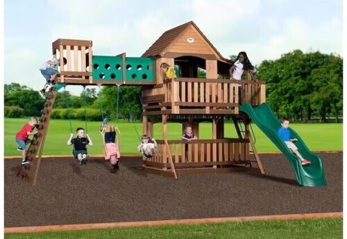 Backyard Discovery Woodridge Elite All Cedar Swing Set Playset with Elevated Tunnel, Crow's Nest, Rockwall, Wave Slide and Covered Porch (4 Boxes plus Slide) New in Box $2999