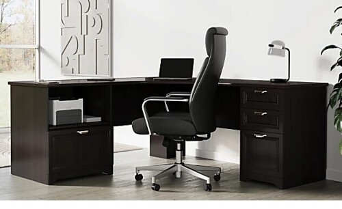 Realspace&reg; Magellan Performance 71"W L-Shaped Corner Desk, Espresso (2 Boxes) New Shelf Pull $599