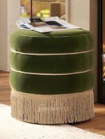 Jennifer Taylor Edward 17.5 in. Round Upholstered Ottoman with Bullion Fringe, Olive Green Performance Velvet NEw in Box $299