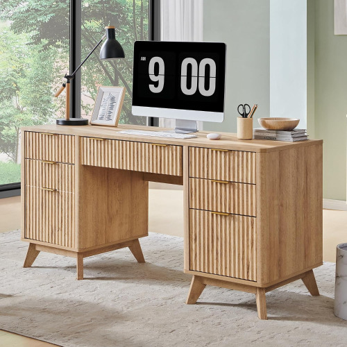 T4TREAM 60-Inch Modern Fluted Executive Desk with Drawers, Natural Oak | Charging Station, File Cabinet, Keyboard Tray, Storage Cabinet, Organized Workspace for Home, Office Similar to Picture New In Box $499