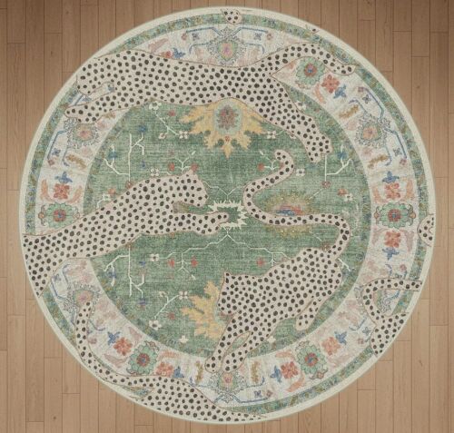 Bungalow Rose Alinda Leopard Print Performance Blue Machine-Washable Area Rug, 5 ft. Round Similar to Picture New $399