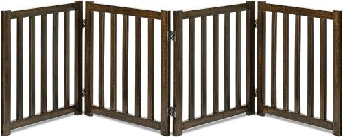 LZRS Wooden Free Standing Dog Gate 80" W x 24" H, Foldable Solid Hardwood Pet Safety Fence for House Doorways, Stairs, Hallways, Step-Over Pet Barrier, No Drill Easy Setup, Walnut New In Box $199