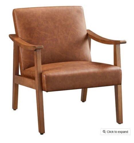 Yaheetech Mid-Century Faux Leather Accent Armchair with High Back Brown, with Solid Wood Legs, Cozy Reading Leisure Chair, New in Box $299