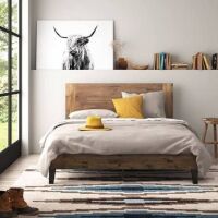 Union Rustic Kira Solid Wood Platform Bed Frame, Queen Size, Dark Natural Wood, New in Box $599