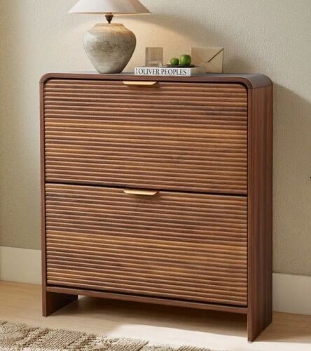 Corrigan studio 16 Pair Shoe Storage Cabinet With 2 Flip Drawers in Walnut in Box $399