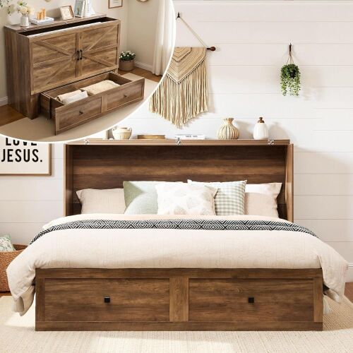 Queen Murphy Cabinet Bed with with Storage & Charging Station | Barnwood Foldable Platform Bed, Farmhouse Wooden Hideaway Bed, Large Drawer, Noisy Free, New in Box $999