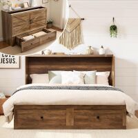 Queen Murphy Cabinet Bed with with Storage & Charging Station | Barnwood Foldable Platform Bed, Farmhouse Wooden Hideaway Bed, Large Drawer, Noisy Free, New in Box $999