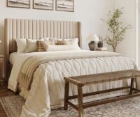 Willa Arlo Interiors Candler Velvet Upholstered Platform Bed with Wingback Headboard and Wooden Slats, Queen Size, Beige, New in Box $1,099