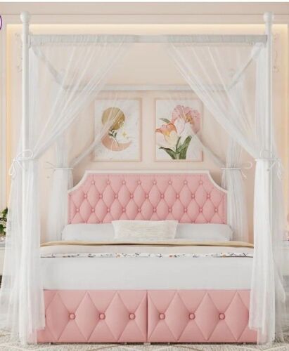 Lark Manor Artevious Upholstered Metal Canopy Storage Bed, Pink, Full Size, New in Box $499