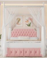 Lark Manor Artevious Upholstered Metal Canopy Storage Bed, Pink, Full Size, New in Box $499