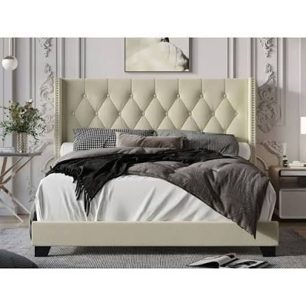 Ebern Designs Jolande Contemporary Queen Upholstered Bed with Curved Headboard, Beige, New in Box $699
