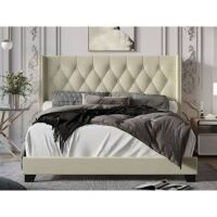 Ebern Designs Jolande Contemporary Queen Upholstered Bed with Curved Headboard, Beige, New in Box $699
