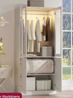 Ebern Designs 75" H 4-Door Armoire Smart Light, Glass Door Wardrobe, Wooden Wardrobe Closet With Hanging Rod, And Storage Shelves New Open Box $899