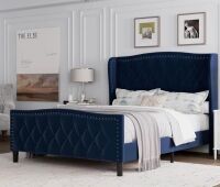 Latitude Run Full Size Navy Blue Velvet Upholstered Platform Bed Frame With Wingback Headboard Wooden Slat Support No Box Spring Needed Easy Assembly in Blue New in Box $999