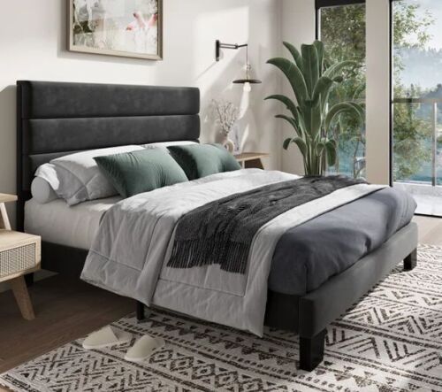Latitude Run Elison Platform Bed with Fabric Upholstered Headboard and Wooden Slats Queen Size in Black New in Box $899