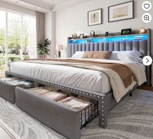 EnHomee King Size Bed Frame with 2 Drawers & 2-Tier Storage Shelf Upholstered Bed Frame King with Headboard King Bed Frame with Storage & LED Lights & Charge Station, No Box Spring Needed, GrayNew Open Box $599