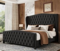 House of Hampton King Size Platform Bed With Upholstered Headboard & Footboard, Black New in Box $999