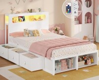 Wrought Studio Twin Bed Frame With 6 Storage Drawers & 2-tier Led Headboard &ndash; Kids Boy Bed With Power Outlets & Rgb Lights, 2 Footboard Cubbies&ndash; Space-saving in White New in Box $699