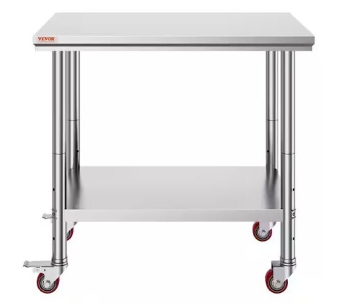 CASTNOO Rectangle Metal Outdoor Side Table with 4-Wheels, Commercial Food Prep Worktable with Casters for Home in Silver New In Box $299
