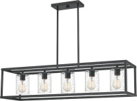 Quoizel New Harbor 38" Outdoor Linear Chandelier, Old Bronze, 5-Light, Clear Seeded Glass Shades, ETL Damp Rated New In Box $799