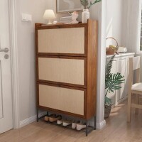 ATHMILE Walnut Wooden Shoe Storage Cabinet with Triple-Tier Flip-Up Drawer (9.25" D x 31.5" W x 53.22" H), New in Box $399