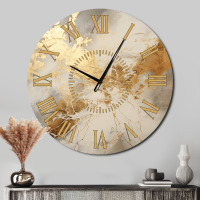 East Urban Home Beige And Gold Marble Lightning III - Abstract Golden Face Wall Clock New In Box $299