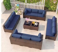 Zerpod 14-Piece Wicker Patio Conversation Set with 2 Coffee Table, Wide Seat and Thick Cushion Navy Blue (4 Boxes) New in Box $1999