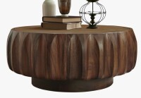 Loon Peak 31.5" Drum Coffee Table, Modern Unique Fluted Contemporary Wood Round Coffee Table with Fluted Center Table Design In Dark Brown Wood New in Box $699
