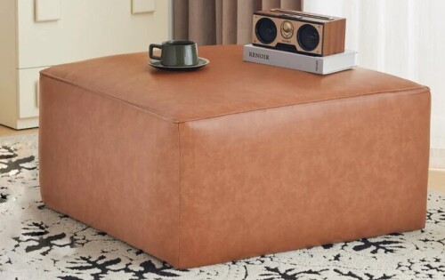 English Elm Upholstered Square Pu Leather Ottoman with Coil Spring Support New in Box $299