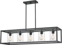 Quoizel New Harbor 38" Outdoor Linear Chandelier, Old Bronze, 5-Light, Clear Seeded Glass Shades, ETL Damp Rated New In Box $799