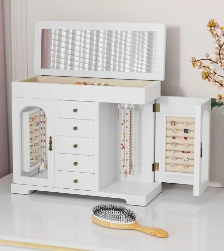 Sfugno Jewelry Box for Women Girls, Wooden Jewelry Organizer Box with Mirror, 5 Layer Jewelry Storage Case White New in Box $99