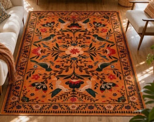 Charlton Home&reg; 5' x 7' Goldene Boho Washable Botanical Orange Area Rug for Living Room, Low-Pile Floral Rug with Non Slip Backing For Bedroom Dining Room $199