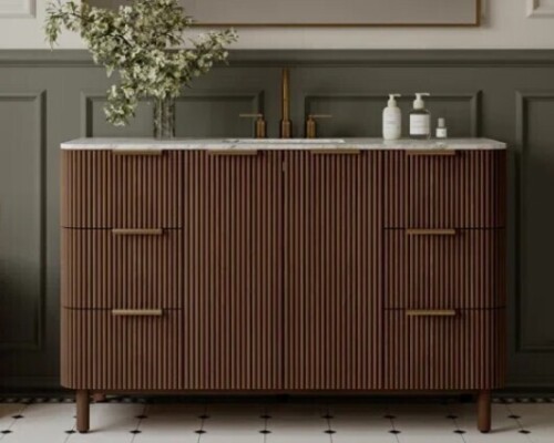 Highbury Furnishings Havana 54" Single Bathroom Vanity in Brown Reeded Birch | Carrara Marble Countertop New in Box $2299