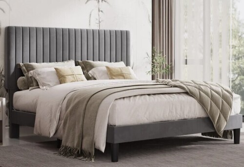 Willa Arlo Interiors Dunphy Upholstered Platform Bed with Adjustable Headboard Queen Size in Gray New in Box $1099