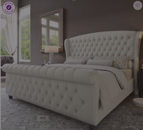 Willa Arlo Interiors Dulane Velvet Upholstered Sleigh Bed with Scroll Wingback in Cream King size New Open Box $899