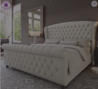 Willa Arlo Interiors Dulane Velvet Upholstered Sleigh Bed with Scroll Wingback in Cream King size New in Box $899