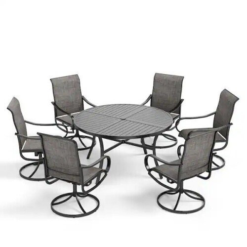 Phi Villa Black 7-Piece Metal Outdoor Dining Set with Round Table and Textilene Swivel Chairs, (4 Boxes), New in Box $1,299