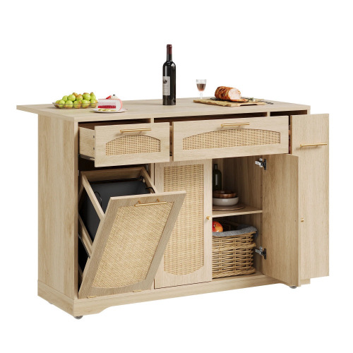 Garvee Compact Rolling Rattan Kitchen Island Cart with Drop Leaf &ndash; Tilt-Out Trash Cabinet, Storage Drawers, Spice Rack, 2-Door Storage, Mobile Table, Natural Wood Color, New in Box $599